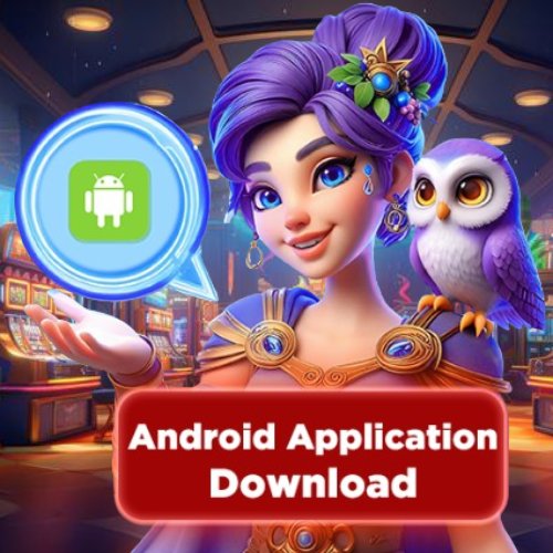 ATK777 Android App Download – Android logo ကိုင်ထားသော မိန်းကလေးဇာတ်ကောင်နှင့် slot machine background